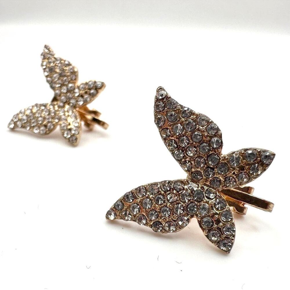 Vintage 90s Gold Tone Pave Clear Rhinestone Butterfly Clip-on Earrings Jewelry